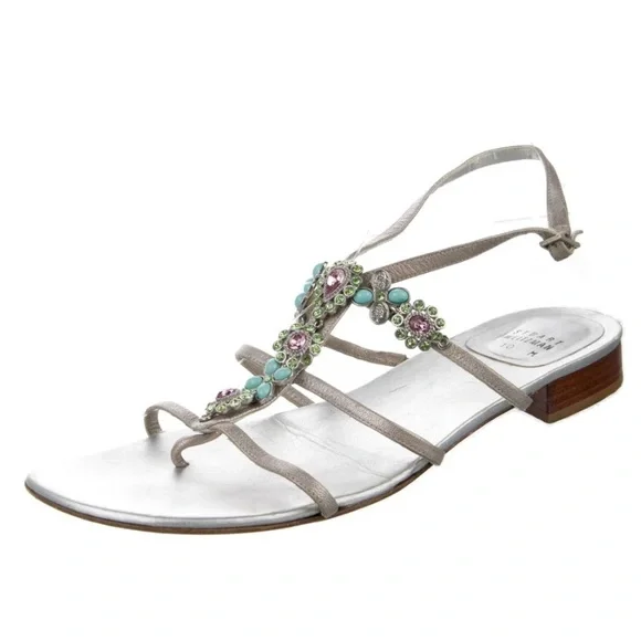 Stuart Weitzman Silver Sandals Turquoise & Crystal Gem Embellishments 9.5 - Picture 2 of 11